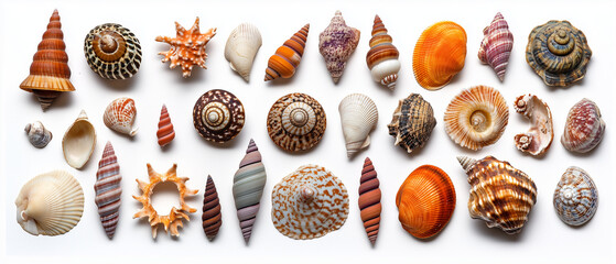 Exotic seashells in different shapes and colors on a white background