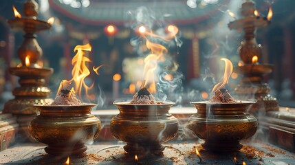 a group of bowls with flames.

