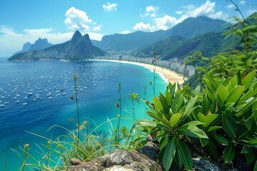 Poster - a beach with mountains and blue water.

