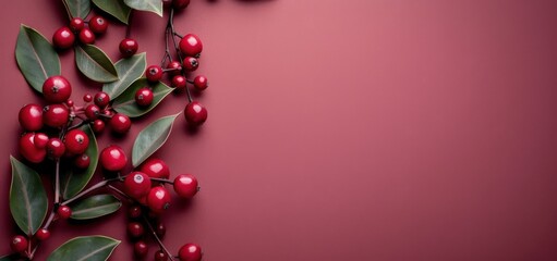 Wall Mural - Red Berries and Green Leaves Arrangement on Pink Surface With Soft Natural Light