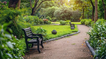 Garden footpath with benches and sculptures