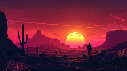 Wall Mural - A silhouetted figure walks through a vibrant desert as the sun sets dramatically on the horizon