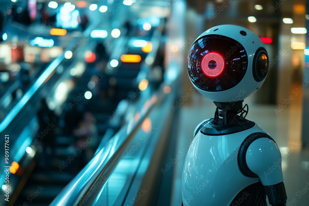 Vigilance Machine Surveillance Robot Monitoring Transportation Hub with CCTV Head to ...