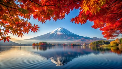 Sticker - Majestic Mount Fuji in Autumn with Vibrant Maple Leaves - A serene landscape showcasing Mount Fuji in its majestic splendor, with vibrant red maple leaves framing the view and reflecting in the calm l