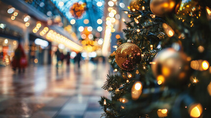 Wall Mural - christmas tree decorated with golden balls and bokeh lights in shopping mall