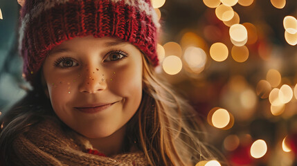 Portrait of a cute little girl in a knitted hat and scarf on the background of a Christmas tree.