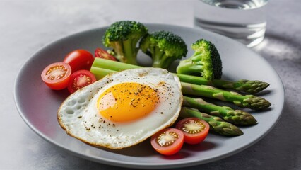 Wall Mural - A plate of a meal with an egg, asparagus and tomatoes, AI