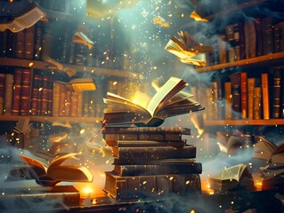 Magical books floating in the air, glowing with mystical energy in an enchanted library filled with ancient volumes and ethereal light.