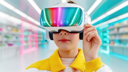 Young person exploring virtual reality with colorful VR headset in futuristic environment. Innovative technology and immersive experience.