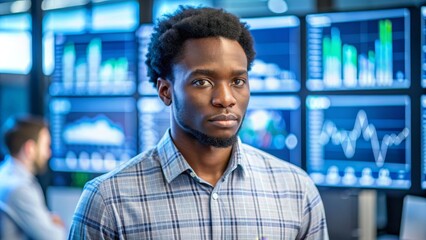 Poster - A young businessman stands in front of a wall of monitors displaying financial charts and graphs. The image symbolizes data analysis, financial success, strategic planning, technology in business, and