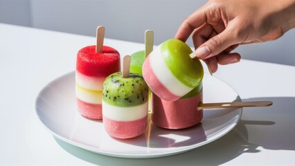 Sticker - A person holding a stick with fruit on top of popsicles, AI