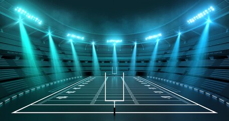 Wall Mural - Futuristic American football stadium at night with shining spotlights and thrilling atmosphere before sport event. American football field in 4K video animation as sport background for advertising.