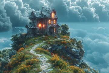 Wall Mural - A haunted mansion on a cliff with a gloomy atmosphere