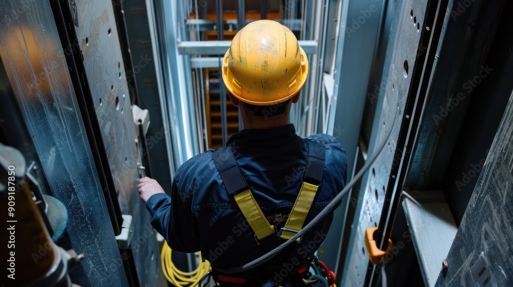 Elevator mechanic inspecting elevator cables in a high-rise building ...
