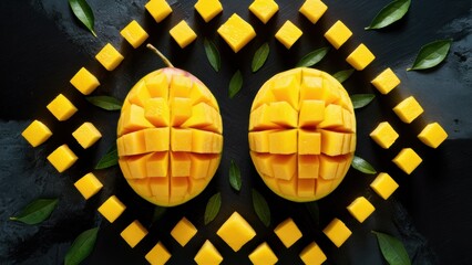 Sticker - Two pieces of mangoes arranged in a geometric pattern, AI