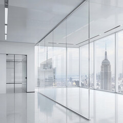 Sticker - White office room interior with glass wall and city 