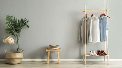 Rack with bright stylish clothes hat and shoes near light grey wall indoors space for text