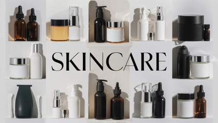 Wall Mural - A group of bottles and jars with the words skin care, AI