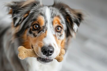 Poster - Close-up shot of a dog holding a bone in its mouth