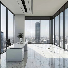 Sticker - White office room interior with glass wall and city 