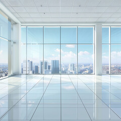 Sticker - White office room interior with glass wall and city 