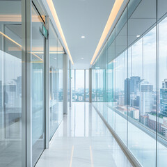 Sticker - White office room interior with glass wall and city 