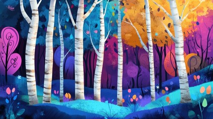 Cartoon illustration of birch trees in a forest, with vibrant colors and a whimsical background.