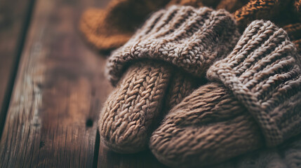 Wall Mural - Cozy knitted mittens resting on a wooden surface, showcasing warm textures and a natural color palette, perfect for winter scenes and seasonal themes