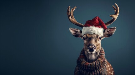 Reindeer wearing a sweater and a Santa's hat, on a dark background. Christmas winter concept.