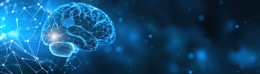 A detailed brain in low poly wireframe, glowing on a dark blue background