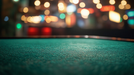 A close-up of an empty green poker table with a blurred casino background. The focus is on the edge, showcasing its texture and color contrast against the out-of-focus backdrop. Th