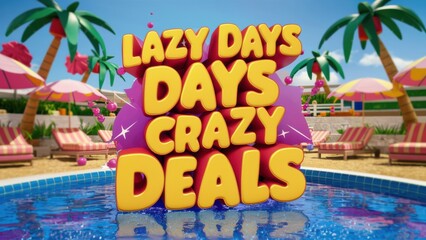 Sticker - A pool with a sign that says lazy days crazy deals, AI