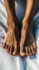 Poster - A man's bare feet on a white sheet of fabric, AI