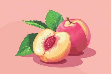 Wall Mural - Fresh peach cut in half on a bright pink background, great for food or beauty use