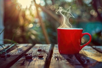 Wall Mural - A warm and inviting moment captured in a red coffee cup with steam rising from the top