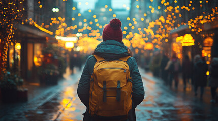 Close-up view of a man from the back with a yellow backpack