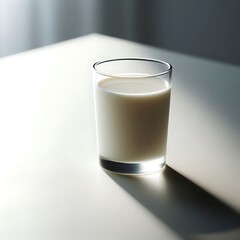 A glass of milk sits on a plain white table, illuminated by soft natural light from a nearby window. 