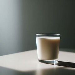 A glass of milk sits on a plain white table, illuminated by soft natural light from a nearby window. 