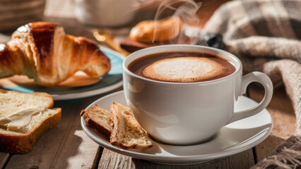 Poster - A cup of coffee and croissants on a table with bread, AI