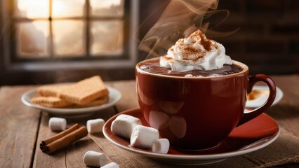 Poster - A cup of hot chocolate with marshmallows and whipped cream on a wooden table, AI