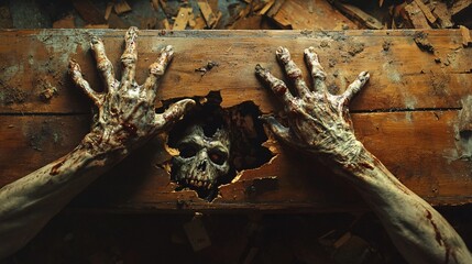 Zombie hands breaking through a wooden coffin lid with splintered wood pieces