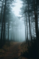 Wall Mural - A forest path is shown in the fog. The trees are tall and the path is narrow. The fog is thick and the trees are shrouded in it. Scene is mysterious and eerie