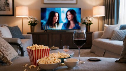 Wall Mural - A bowl of popcorn and a glass in front of TV set with movie or show on it's screen, AI