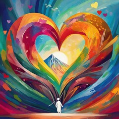 A vibrant explosion of colors forms a heart shape which frames a mountain and sun, capturing a sense of journey and discovery. A small figure stands at the bottom, adding a sense of scale and wonder t