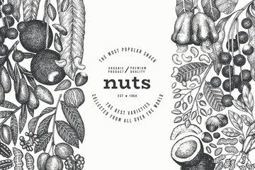 Wall Mural - Hand Drawn Nuts Branch And Kernels  Template. Organic Seed Vector Design. Retro Nut Illustration. Engraved Style Botanical Banner.