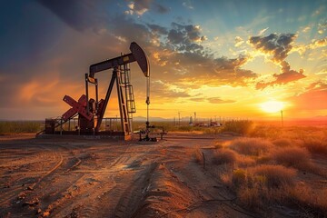 Wall Mural - Oil pump standing alone in a field during sunset, with a warm orange glow