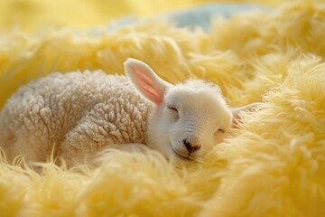 Poster - A adorable baby sheep is resting peacefully on a soft and bright yellow blanket