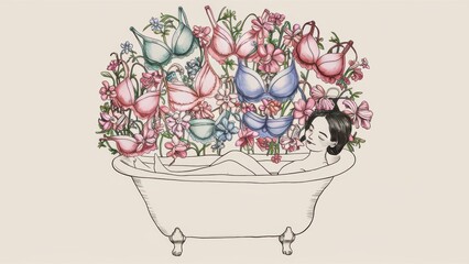 Sticker - A woman in a bathtub with flowers and butterflies surrounding her, AI