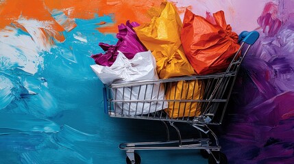 A shopping cart loaded with sealed colorful packages against an artistic painted background, symbolizing shopping, consumerism, and vibrant retail experiences.