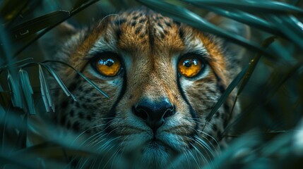 Sticker -   A close-up of a cheetah's face with yellow eyes and green foliage in the foreground